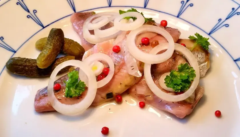 Matjesfilets mit Zwiebelringen, Dill und Gewürzgurken. Ein Gericht, das man auch an Aschermittwoch ohne Fleisch genießen kann.