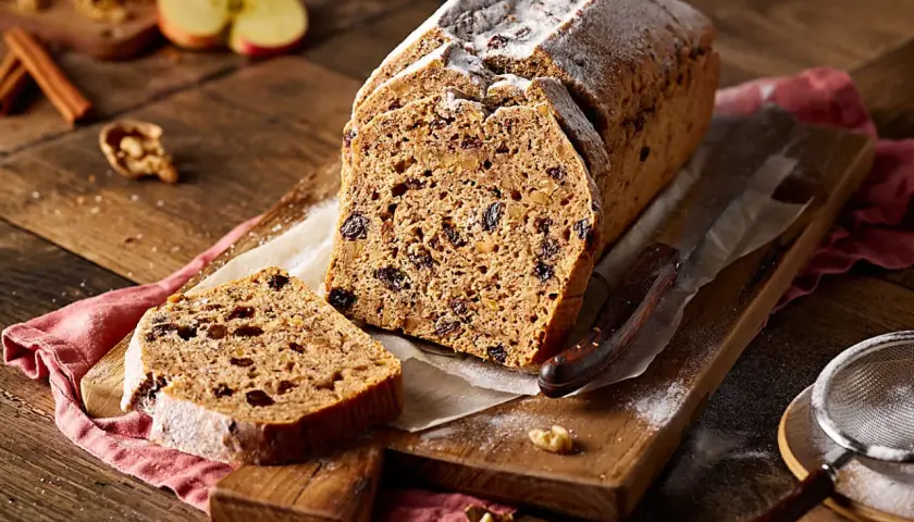 Ein saftiges Apfelbrot mit Rosinen und Nüssen, bestäubt mit Puderzucker. Perfekt für ein gemütliches Apfelbrot Rezept.