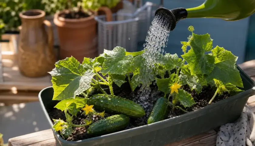 Gartengewächs mit kleinen Gurken und gelben Blüten wird gegossen. Bald kann man die Gurke raspeln.