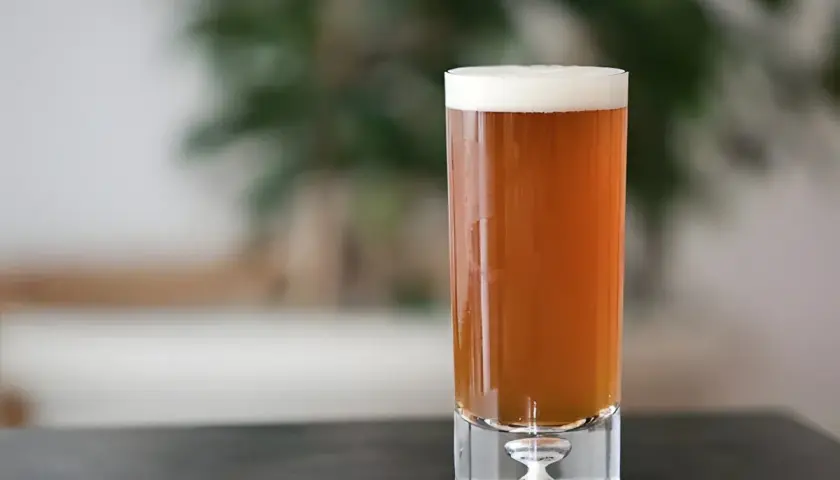 Ein Glas bernsteinfarbenes Pale Ale mit weißem Schaum. Perfekt für ein selbstgebrautes Pale Ale Rezept.