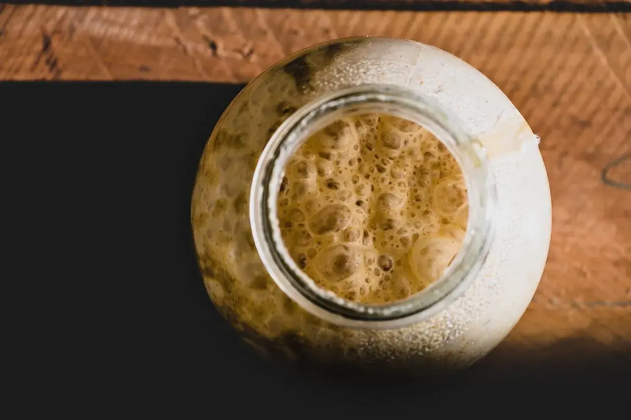Ein Glas mit schaumigem Sauerteig, der aussieht wie kleine Flocken im Bier.