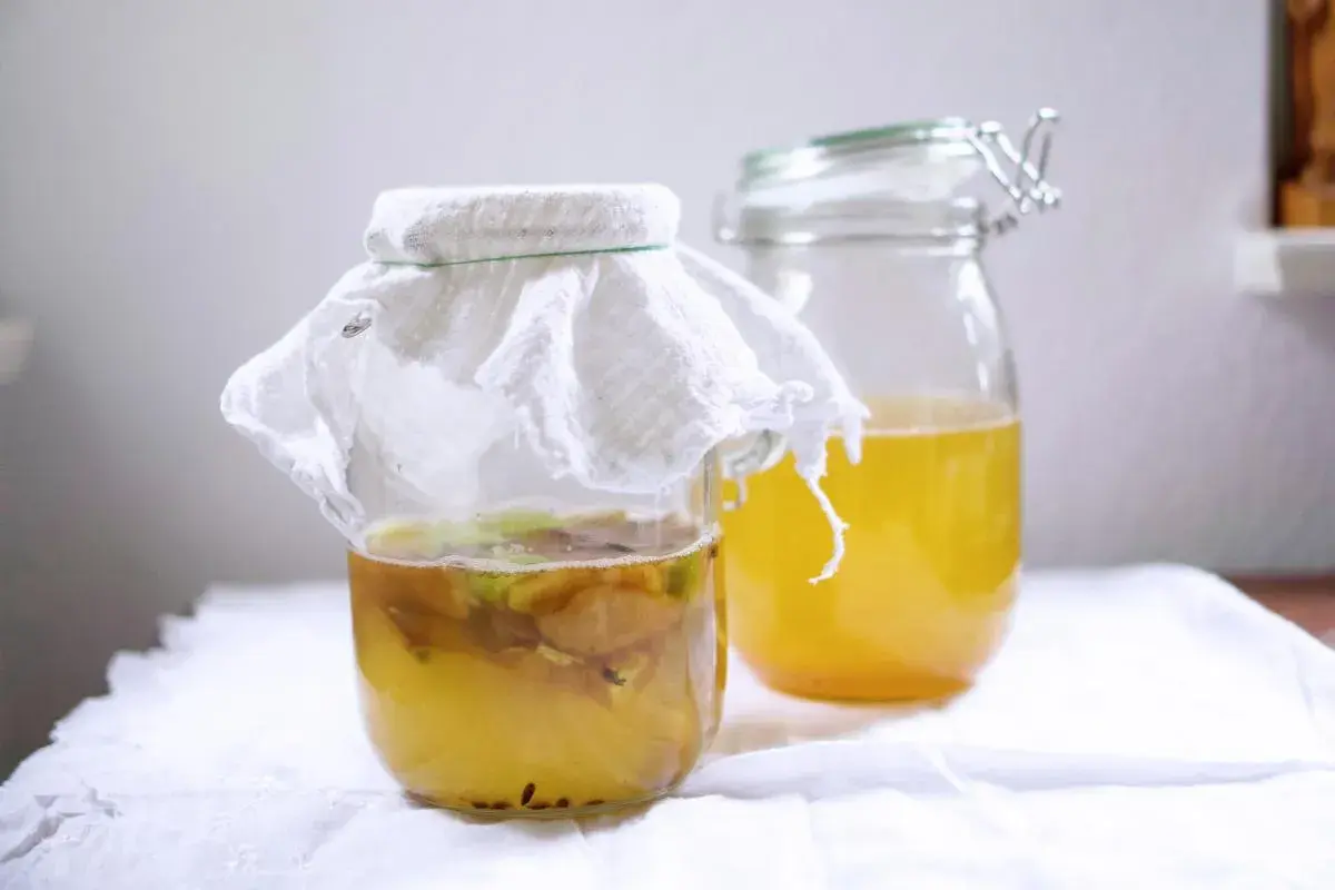 Zwei Gläser mit gelblicher Flüssigkeit. Im vorderen Glas schwimmen Apfelstücke unter einem weißen Tuch. Hier wird Apfelessig selber gemacht.