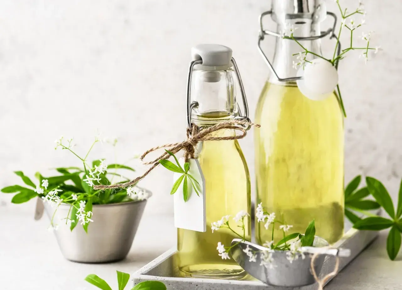 Zwei Flaschen mit omas waldmeistersirup, verziert mit frischen Waldmeisterzweigen und kleinen weißen Blüten.