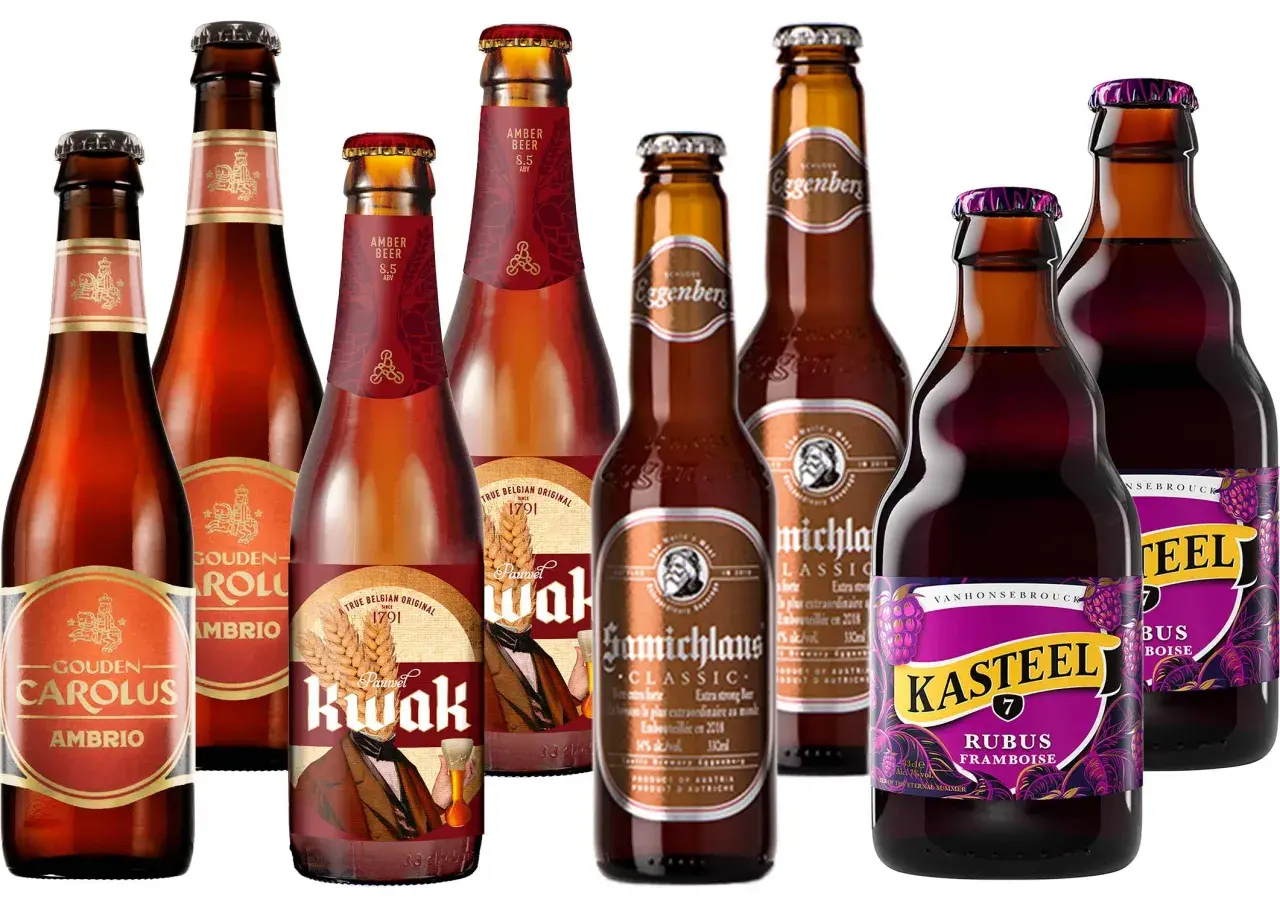 Verschiedene bockbier sorten, darunter Gouden Carolus Ambrio, Pauwel Kwak und Kasteel Rubus Framboise, in Glasflaschen.