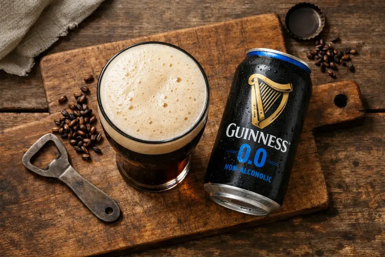 Guinness 0.0 Dose und Glas mit Schaum, daneben geröstete Gerstenkörner und ein Flaschenöffner. Weniger Kalorien, gleicher Geschmack.