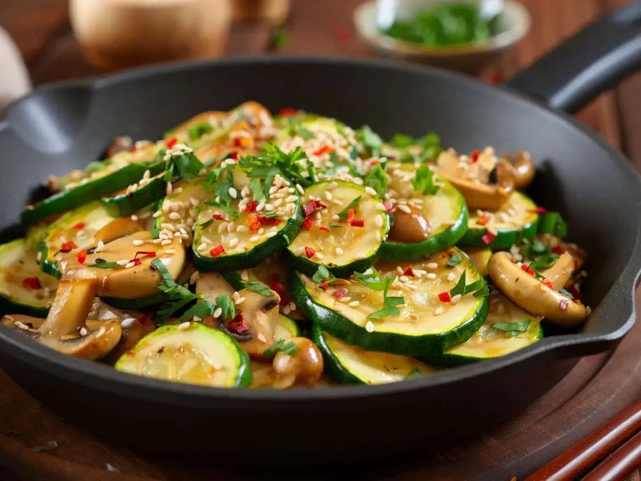 Zucchini Pilz Pfanne mit Sesam und Chili. Ein köstliches Gericht, das schnell zubereitet ist und wunderbar schmeckt.