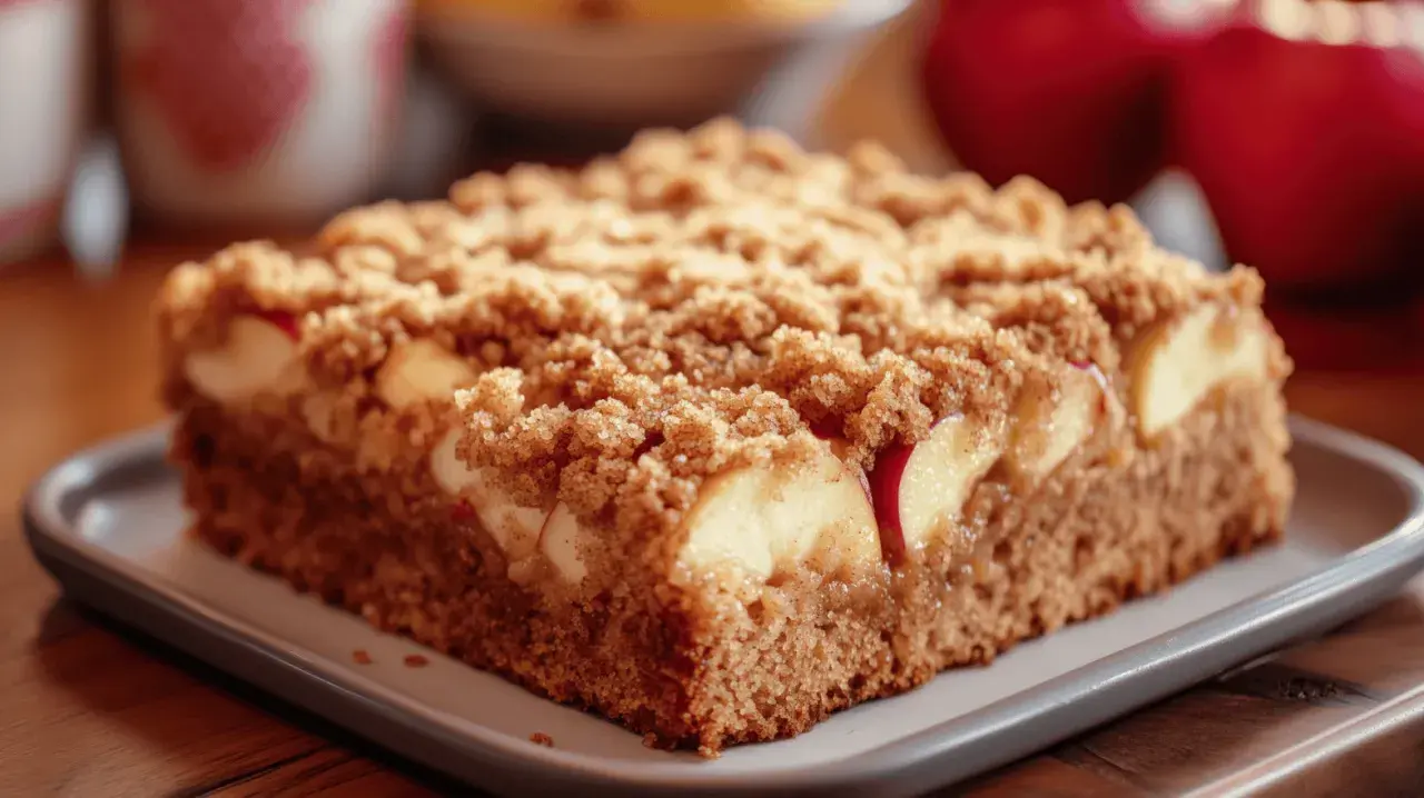 Ein Stück saftiger Landfrauen Kuchen vom Blech mit Äpfeln und Streuseln, bereit zum Genießen.