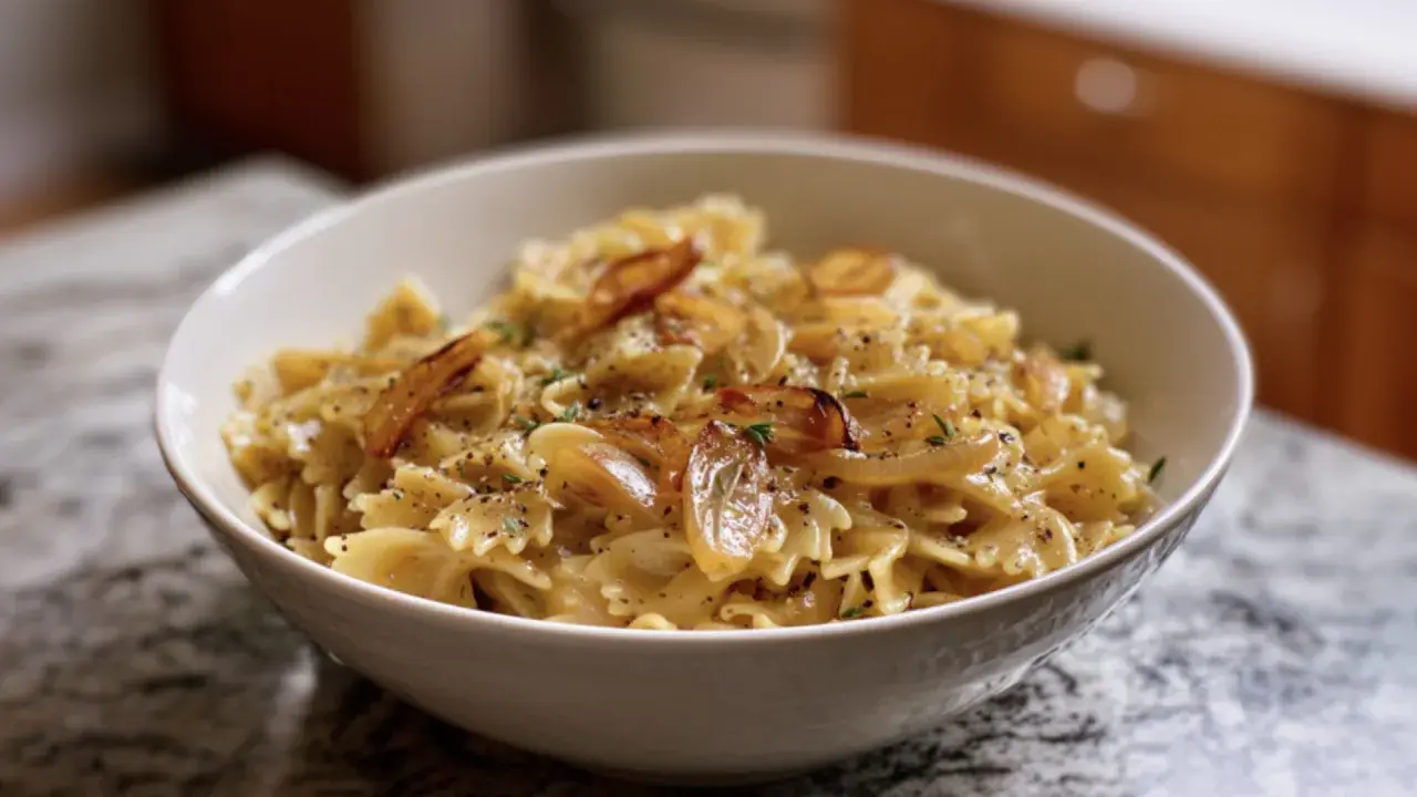 Schmetterlingsnudeln mit karamellisierten Zwiebeln und Kräutern. Ein Beweis für schnelle Rezepte mit Zwiebeln, die köstlich sind.