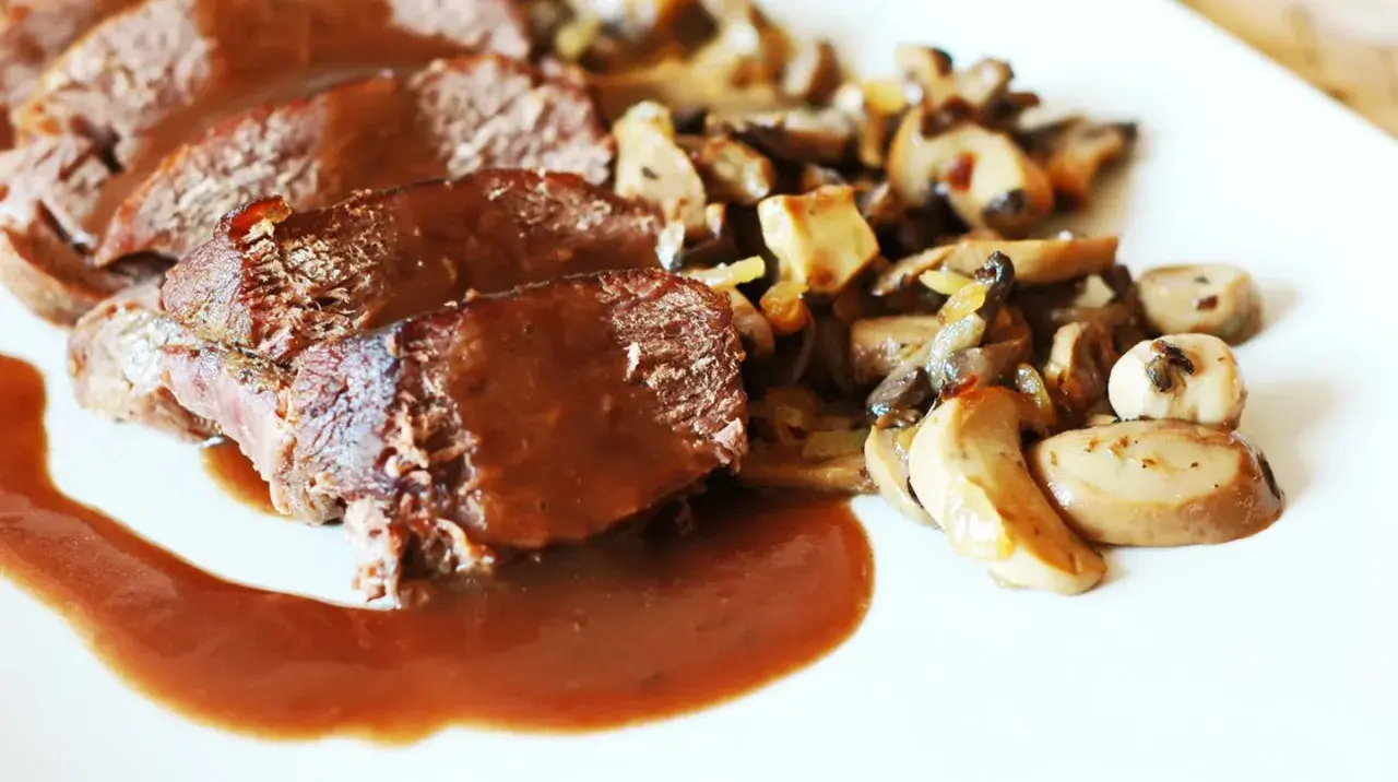 Geschnittenes Bratenfleisch mit Pilzen und einer dunklen Grundsauce.