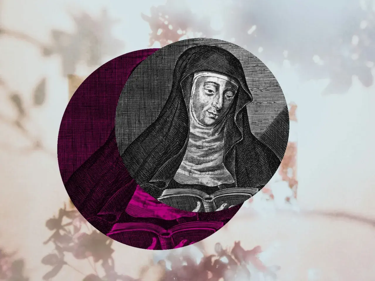 Hildegard von Bingen, im Stil eines alten Stichs, liest ein Buch. Das Originalbild ist in einen Kreis mit lila Akzenten eingefügt.