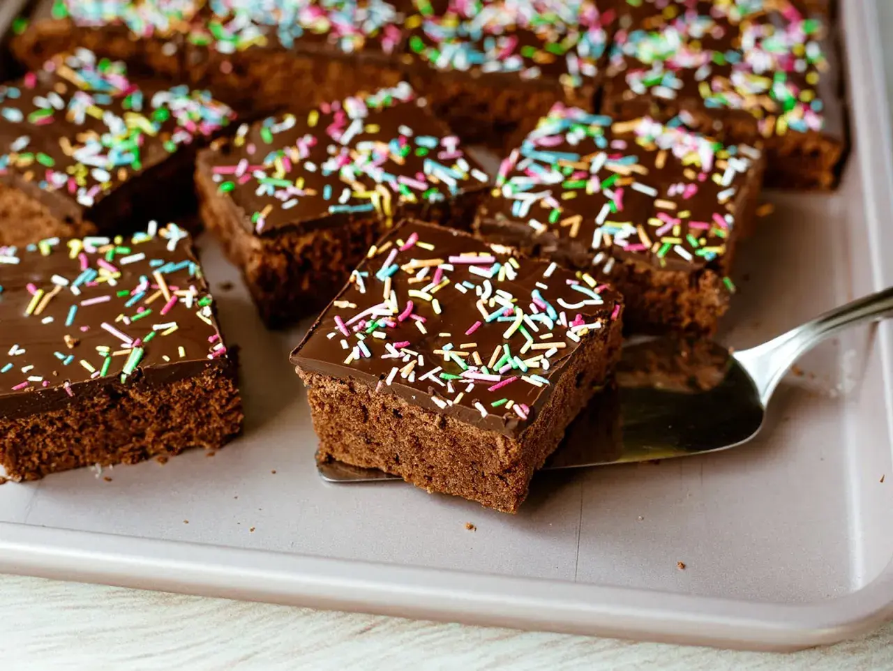 Saftiger schokokuchen blech mit bunten Streuseln, bereit zum Servieren. Ein Stück wird gerade mit einem Tortenheber herausgenommen.