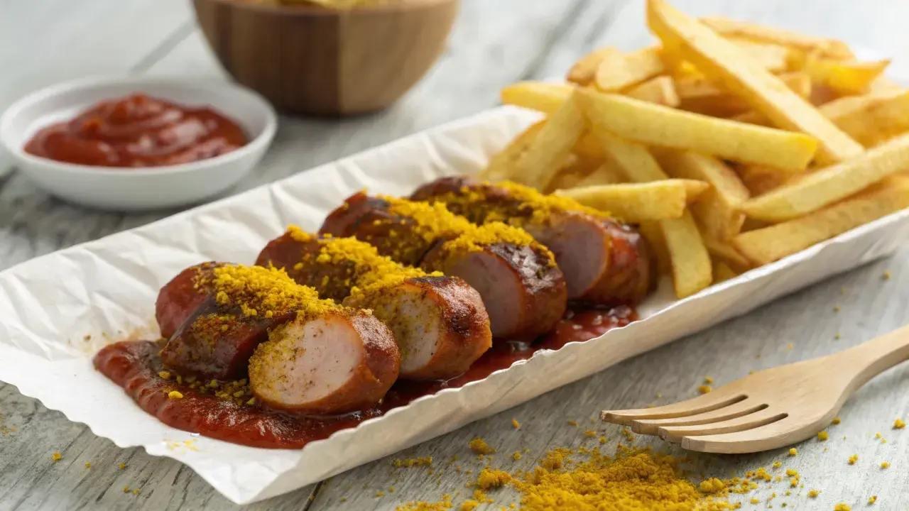 Eine leckere Currywurst, in Stücke geschnitten, mit Pommes und Ketchup. Das Currypulver wurde großzügig über die Wurst gestreut.