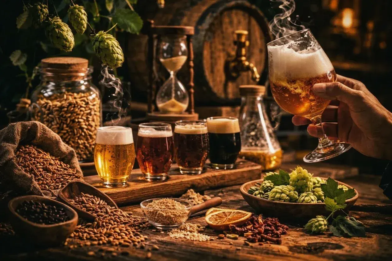 Ein Mann hält ein Glas Bier, um den vollen Bier Geschmack zu genießen. Daneben stehen weitere Biere, Hopfen und Malz.