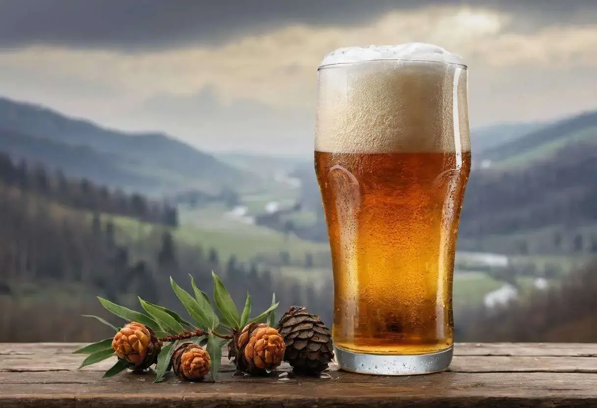 Ein kühles Bier ohne Hopfen, mit Zapfen und Tannenzweigen auf einem Holztisch vor einer Berglandschaft.
