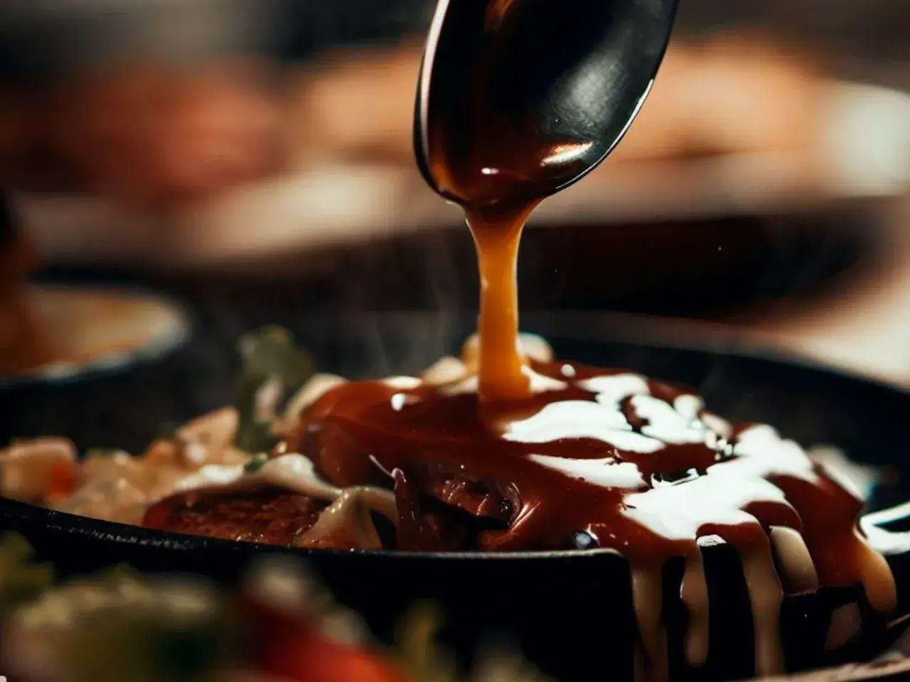 Ein Löffel übergießt ein Gericht mit einer glänzenden, dunklen Sauce. Ein köstliches dunkle sauce rezept zum Nachmachen.