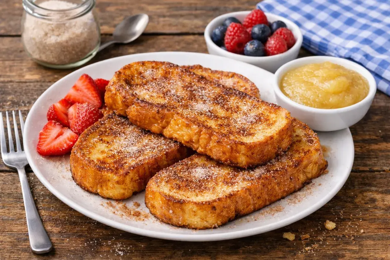 Armer ritter rezept original: goldbraune Toastscheiben mit Zimt & Zucker, dazu Erdbeeren, Apfelmus und Beeren.