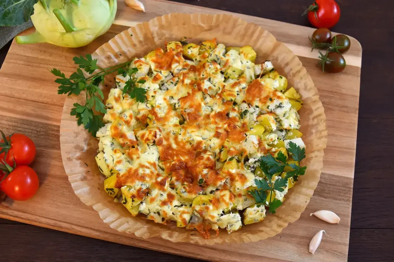 Herzhaft überbackener Kohlrabi-Auflauf mit Käse und Kräutern. Was passt zu Kohlrabi? Dieser Auflauf! Dazu frische Tomaten und Knoblauch.