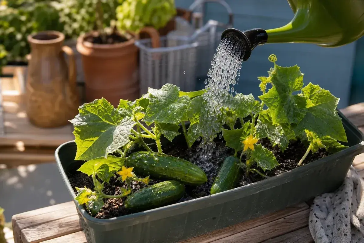 Gartengewächs mit kleinen Gurken und gelben Blüten wird gegossen. Bald kann man die Gurke raspeln.