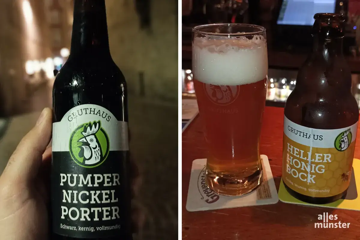 Zwei Gruthaus Biere: ein Pumper Nickel Porter und ein Heller Honig Bock. Ein Bier ohne Hopfen, das den Gaumen verw&ouml;hnt.