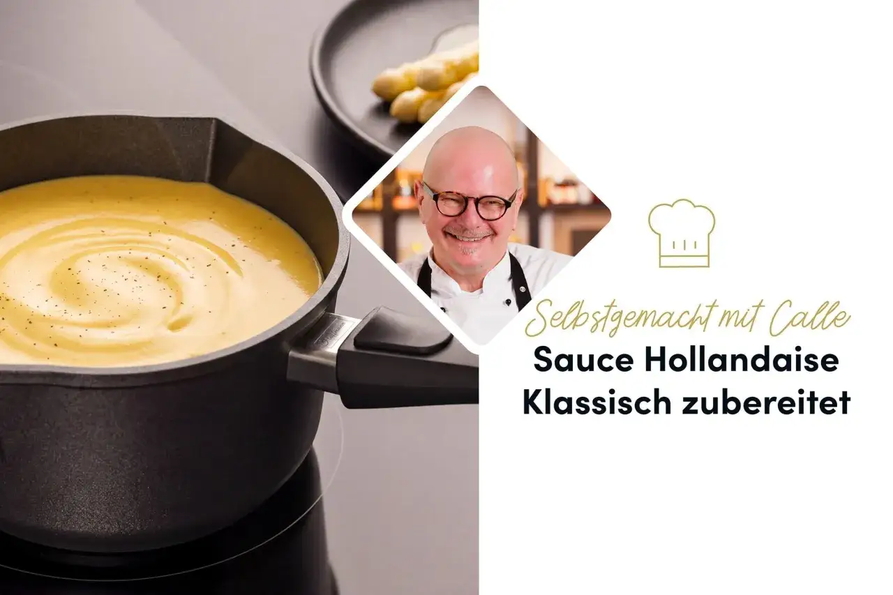 Ein Koch pr&auml;sentiert sein klassisches Sauce Hollandaise Rezept. Die cremige Sauce wird in einem Topf gezeigt.