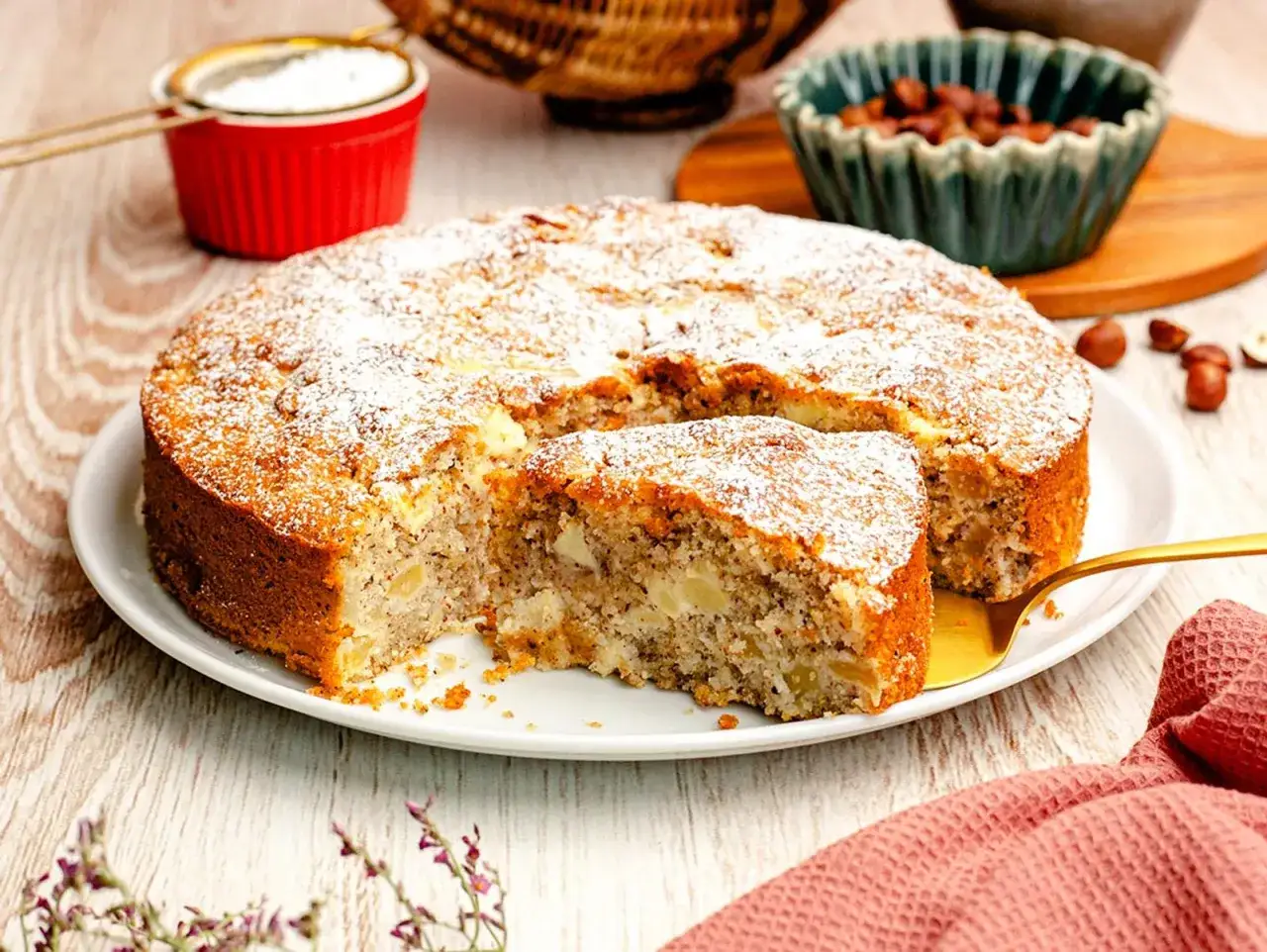 Saftiger Apfelkuchen mit Haselnuss, best&auml;ubt mit Puderzucker. Ein St&uuml;ck wurde bereits mit einem goldenen Tortenheber entnommen.