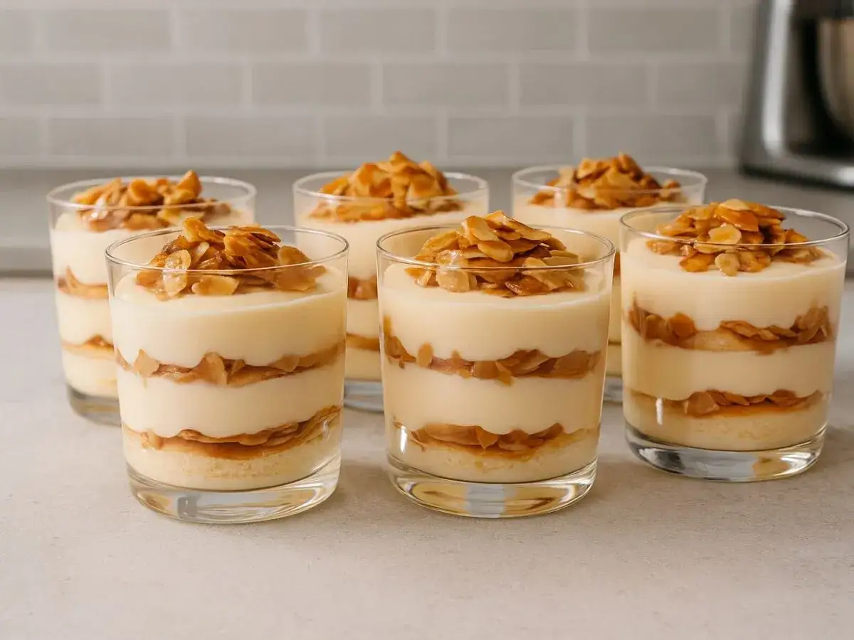 Sechs Gl&auml;ser mit geschichtetem Bienenstich im Glas, garniert mit karamellisierten Mandelbl&auml;ttchen.