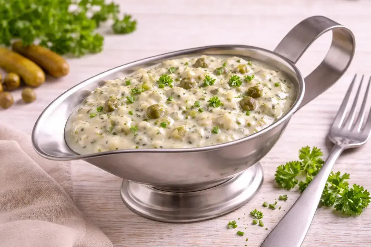 Cremige Remoulade mit Kapern und Kräutern in einer Sauciere, perfekt für Ihr nächstes remoulade rezept.