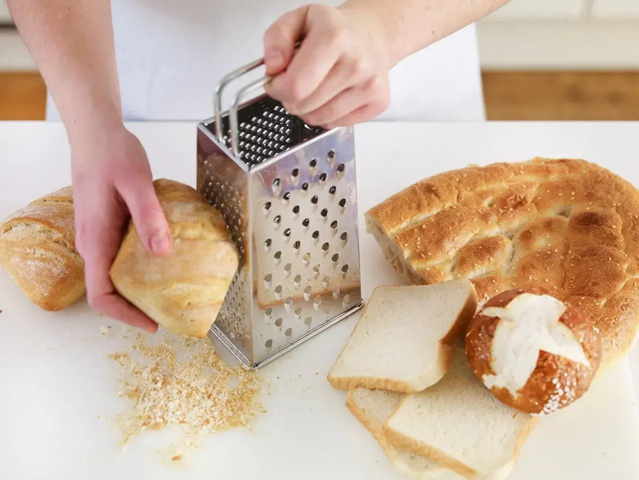 H&auml;nde reiben Br&ouml;tchen zu Paniermehl. Verschiedene Brotsorten liegen bereit, um Paniermehl selber machen zu k&ouml;nnen.