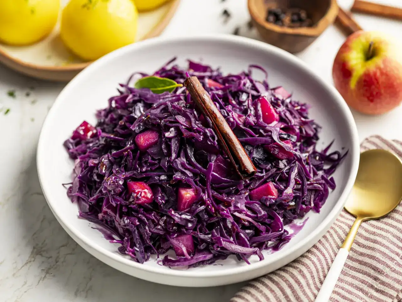 Schmorgerichte mit rotkohl verfeinern: Ein Teller mit ged&uuml;nstetem Rotkohl, Apfelst&uuml;cken und Zimtstange, daneben ein Apfel und Gew&uuml;rze.