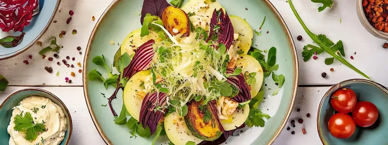 Bunter Salat mit Kohlrabi-Scheiben, Radicchio und Sprossen. Eine leichte und frische Mahlzeit, die zeigt, was gut zu Kohlrabi passt.