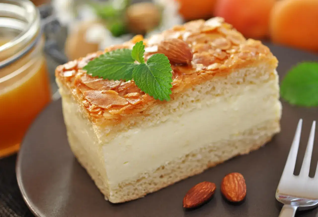 Ein St&uuml;ck Bienenstich Blechkuchen mit Mandeln und Sahne, garniert mit Minze. Perfekt f&uuml;r ein einfaches Rezept.