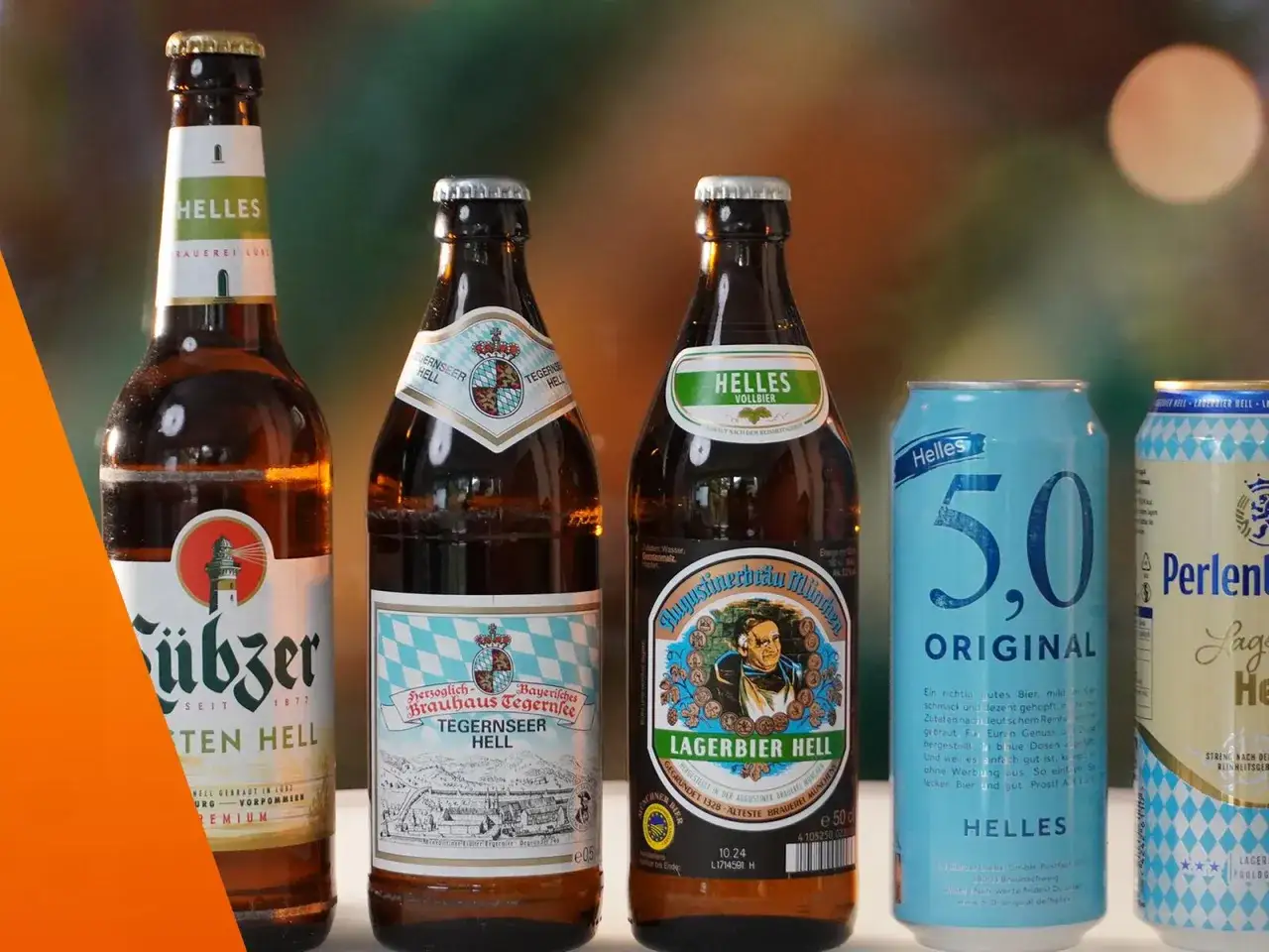 Helles Bier Marken: Flaschen und Dose mit hellen Bieren wie &Uuml;bzer, Tegernseer und Augustinerbr&auml;u.