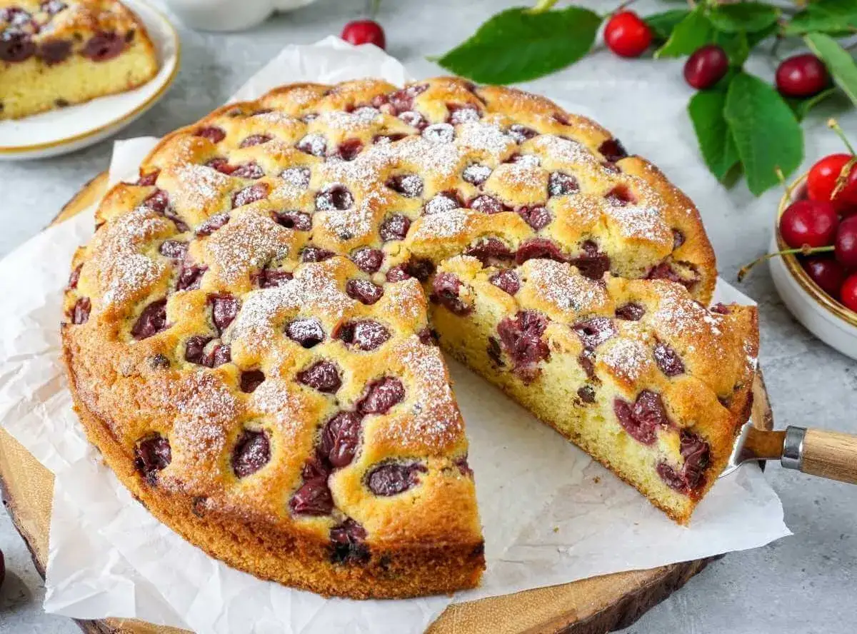Saftiger Kirschkuchen, wie ihn Tante Mathilda macht, mit vielen Kirschen und Puderzucker best&auml;ubt. Ein St&uuml;ck ist bereits herausgeschnitten.