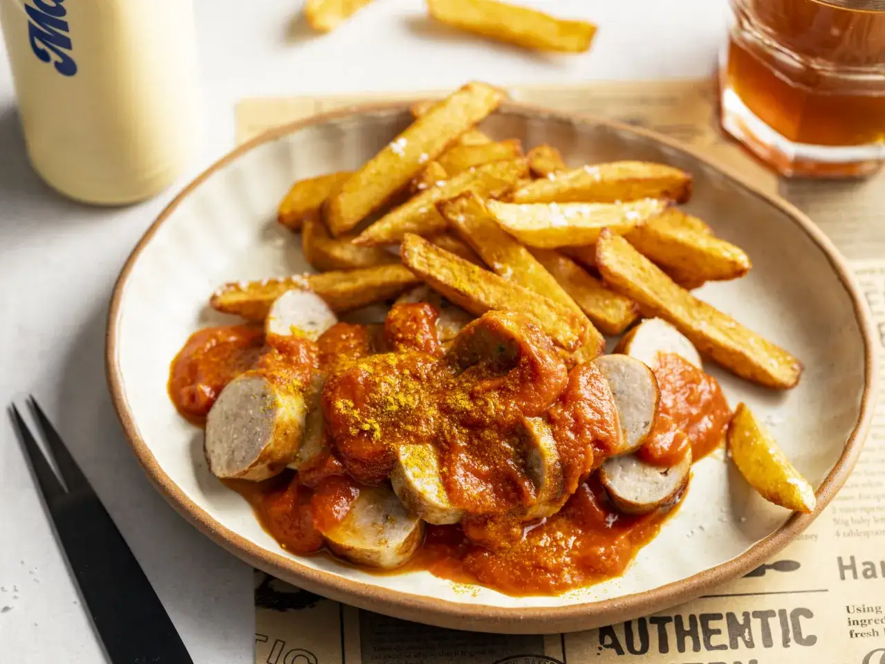 Eine Portion Currywurst mit Pommes, die Currywurst ist in Scheiben geschnitten und mit einer w&uuml;rzigen Sauce &uuml;bergossen.