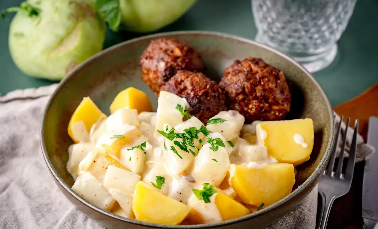 Kohlrabi-Kartoffel-Eintopf mit Hackb&auml;llchen. Ein herzhaftes Gericht, das zeigt, was gut zu Kohlrabi passt.