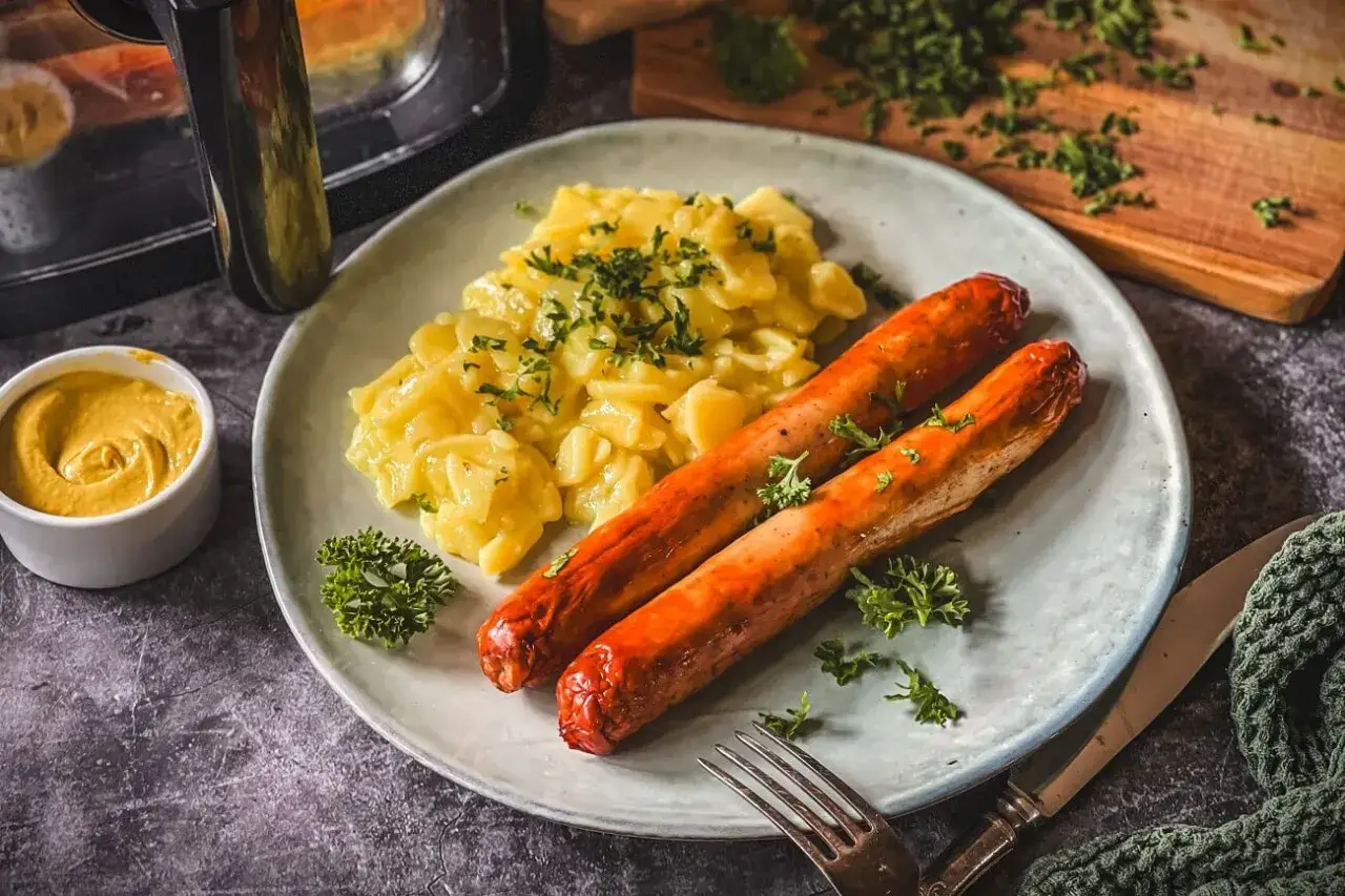 Zwei goldbraune bratwürste im Airfryer zubereitet, serviert mit Kartoffelsalat und Senf.
